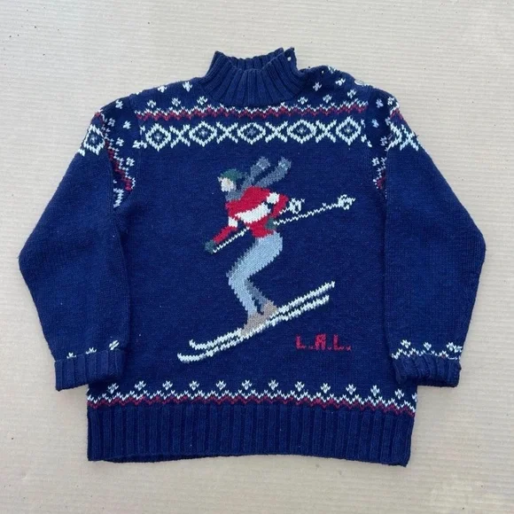 Ralph Lauren Vintage Hand Knit Ski Sweater Petite P/P Navy Winter Wool Blend - Picture 1 of 5